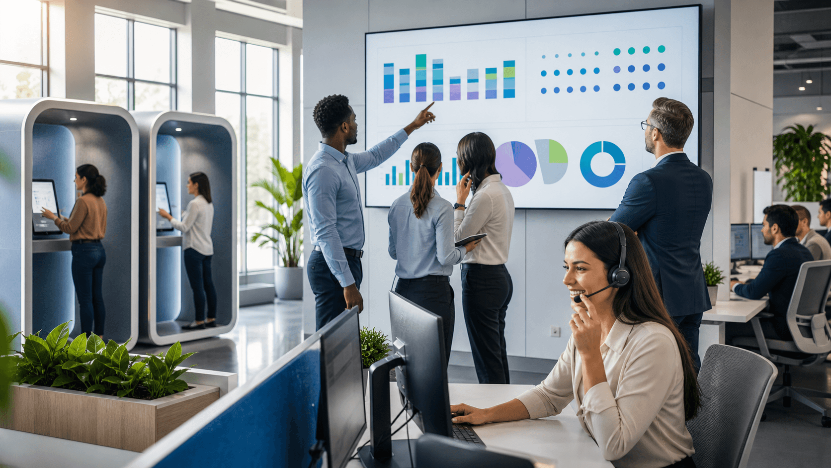 Futuristic blue call center dashboard with headset icons, glowing KPI charts, and connected automation nodes.