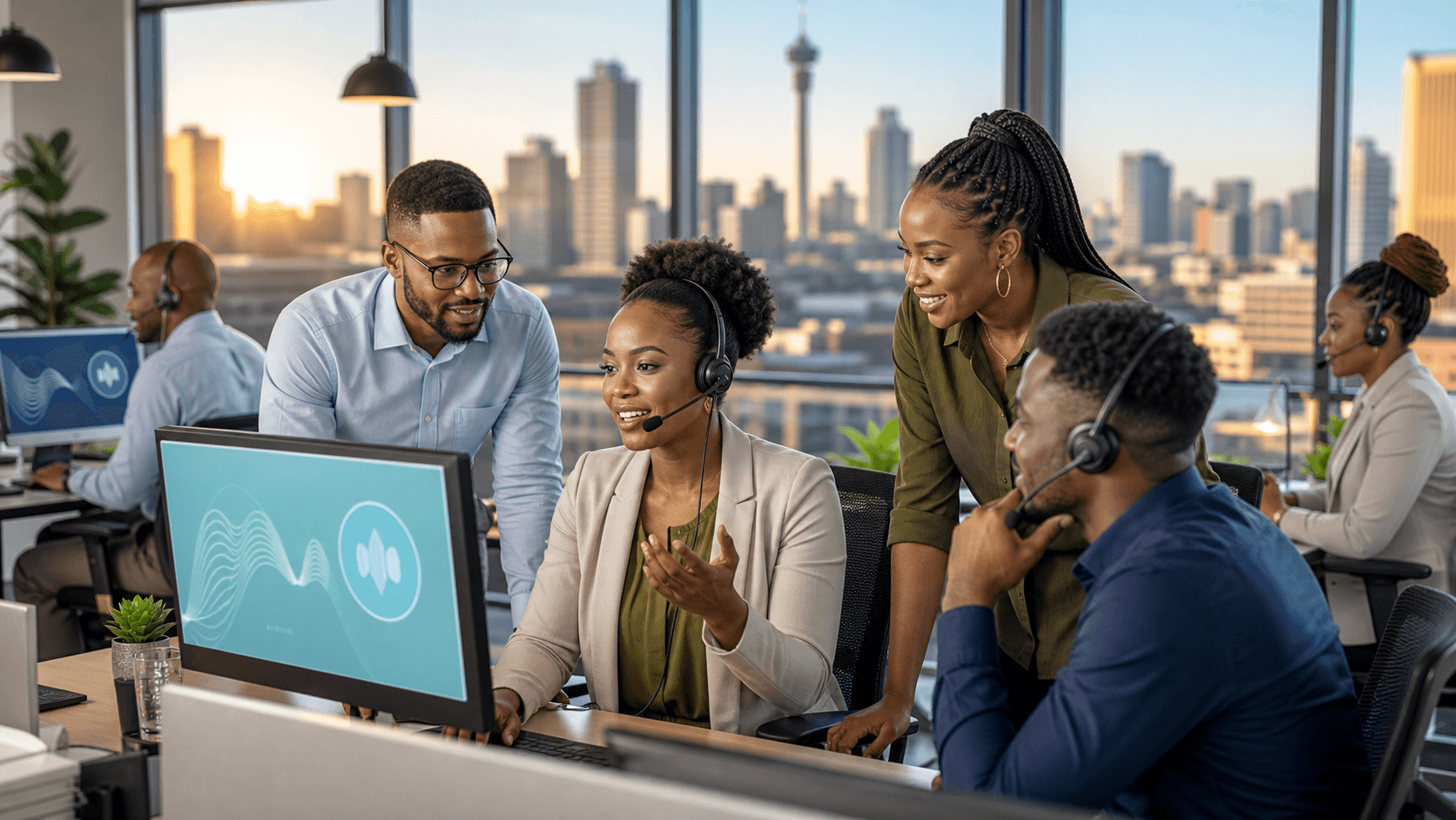 Glowing blue AI headset icon over a nighttime South African city skyline with digital connection lines
