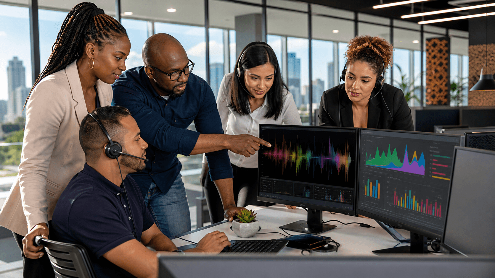Call center agent with headset at a glowing monitor, red warning icons overlay, Cape Town skyline in the background