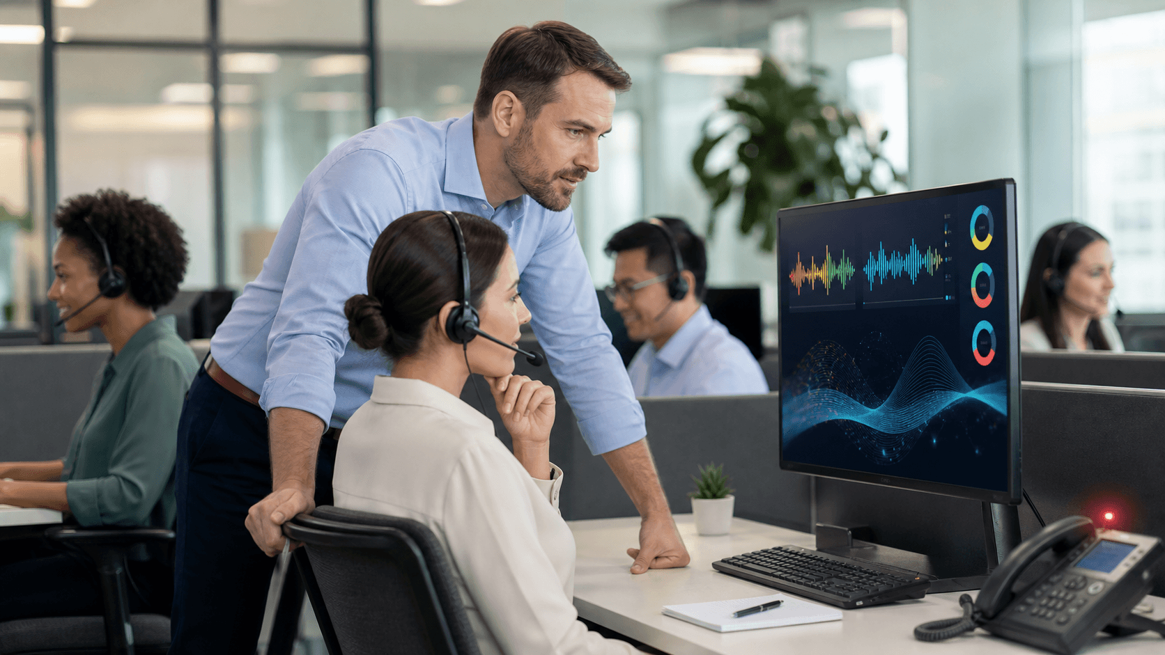 Glowing AI voice waveform overlays a dark contact center dashboard with headset icons and blue neon accents.