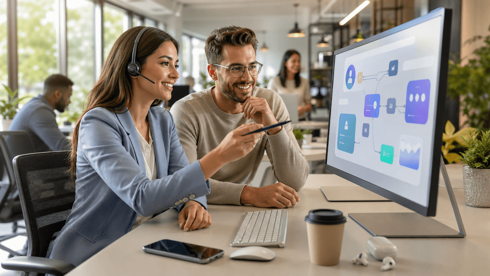 Glowing blue AI voice waveform connects to customer profile icons across a dark digital interface.