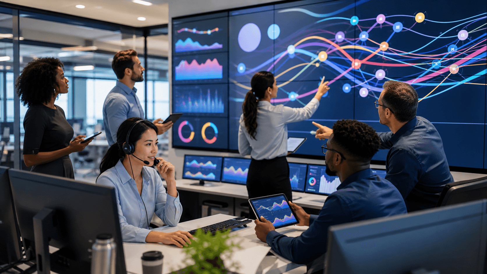 Blue-toned dashboard with connected data charts, a glowing voice waveform, and customer journey icons.