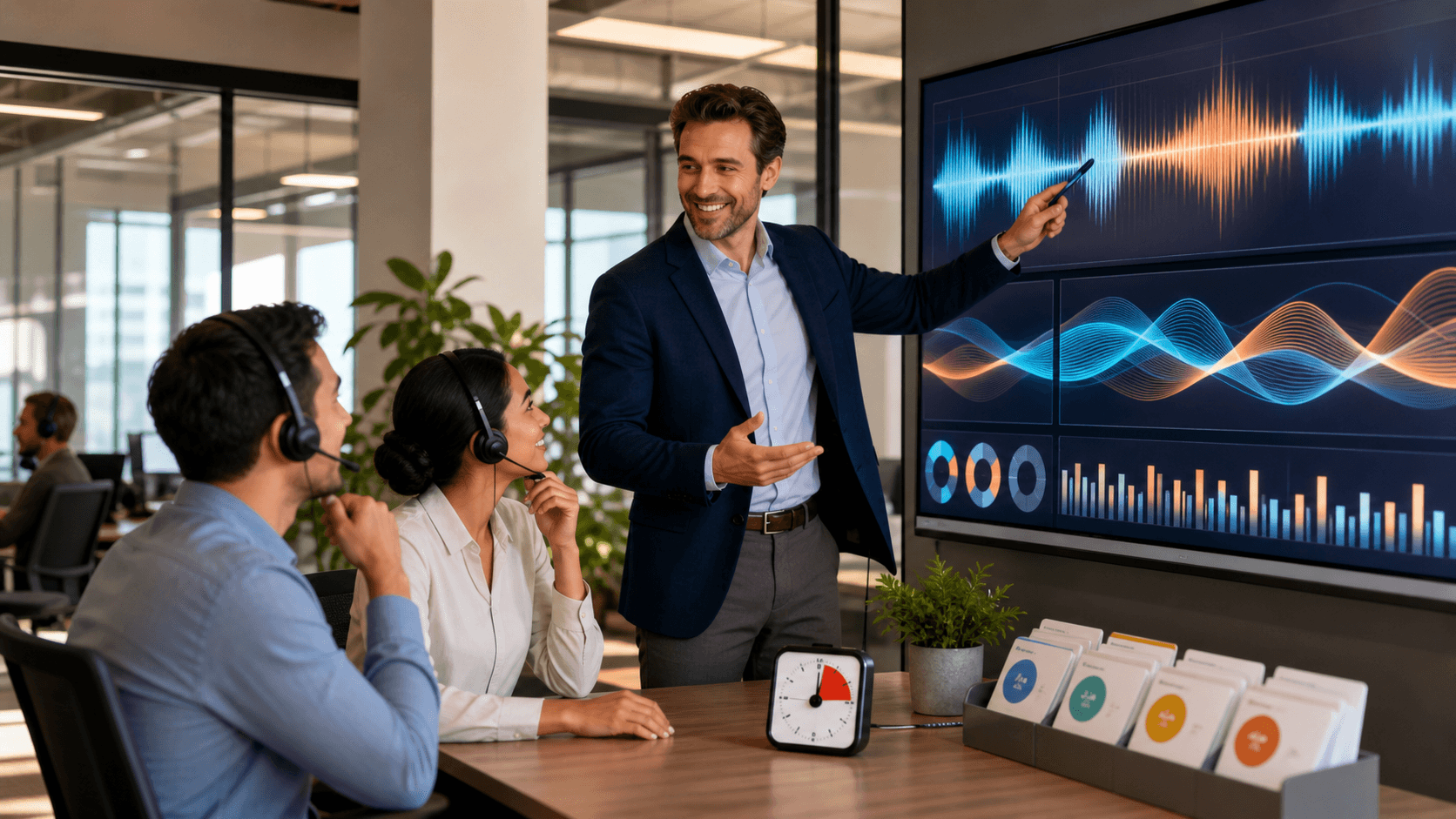 Blue-toned call center dashboard with headset agent, AI voice waveforms, and glowing analytics charts.