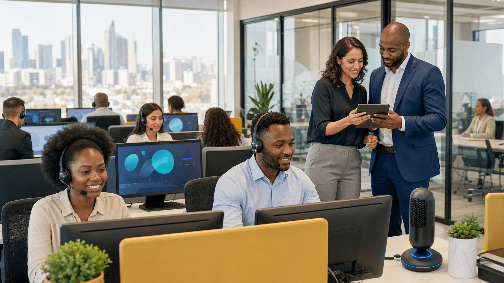 Blue-toned call center with headset-wearing agent and glowing AI waveform overlay on multiple computer screens