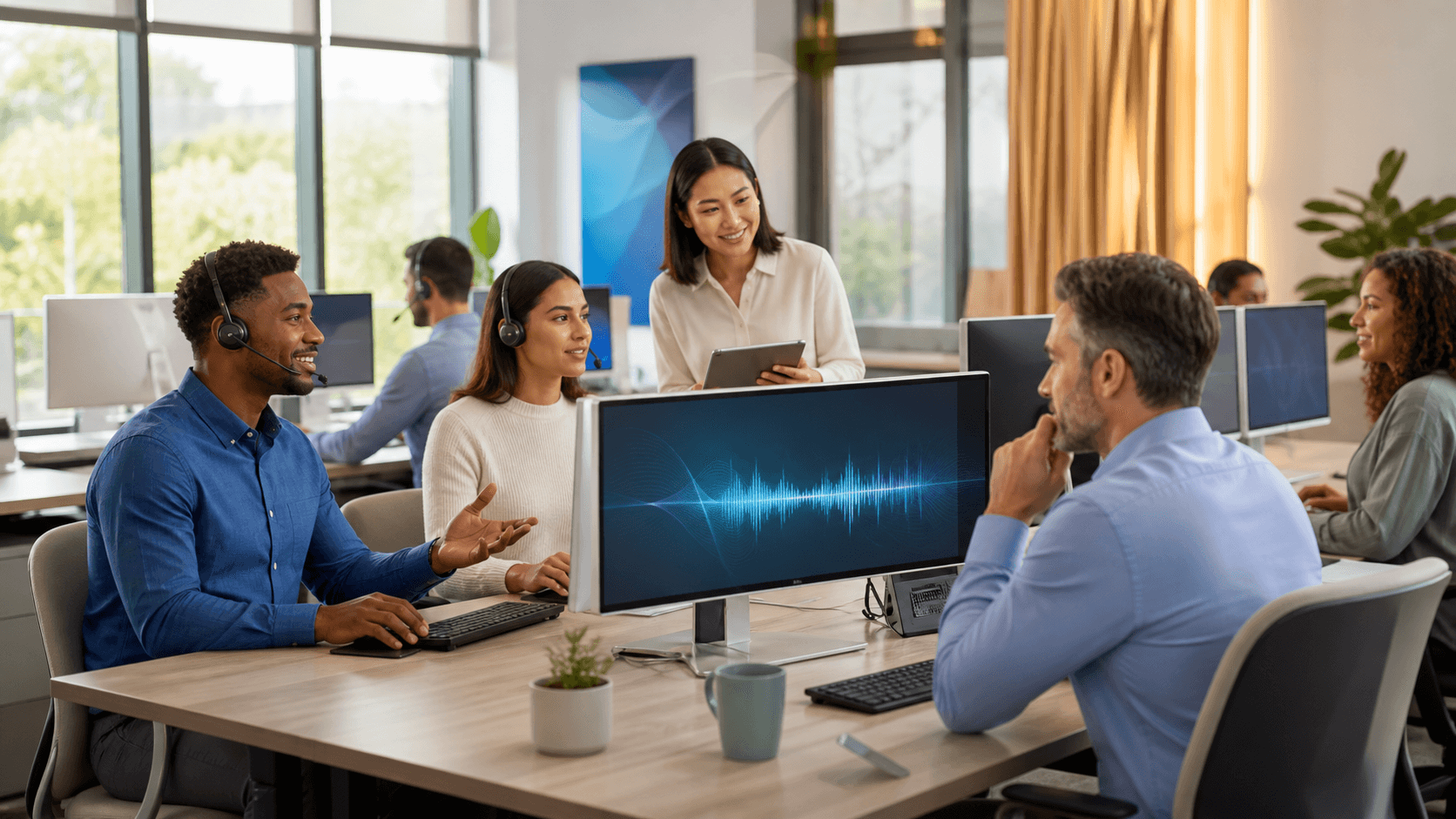 Futuristic blue call center interface with headset icon, glowing voice waveform, and connected communication symbols.