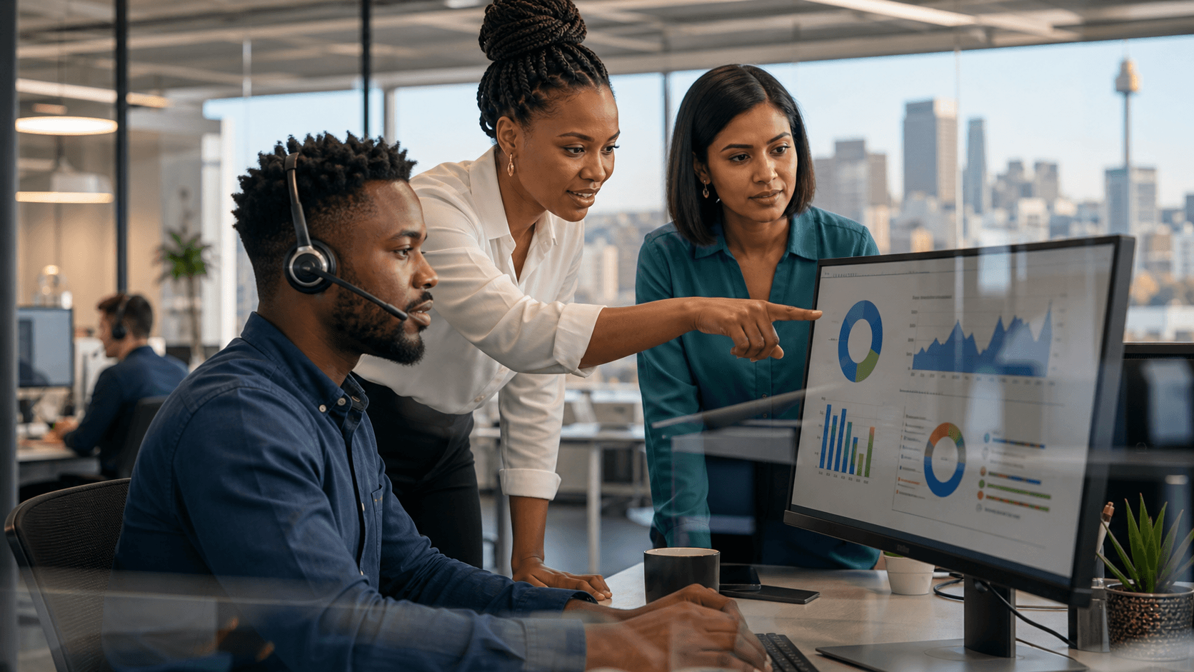 Split-screen call center with headset agents, blue digital overlays, and a red fact-check symbol.