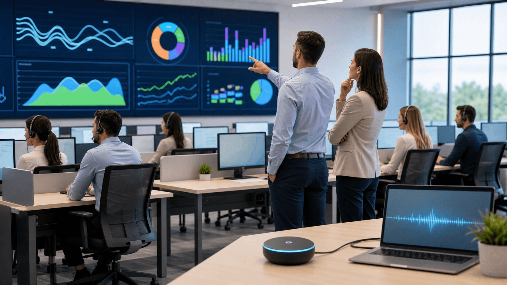 Futuristic call center with glowing headset icons and AI circuit lines on a blue gradient background.