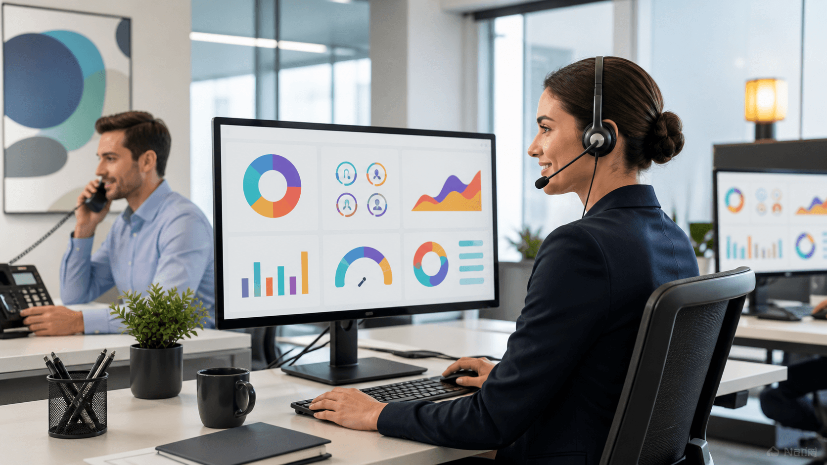 Glowing blue AI circuitry overlays a modern call center desk with headset, phone screen, and network icons.