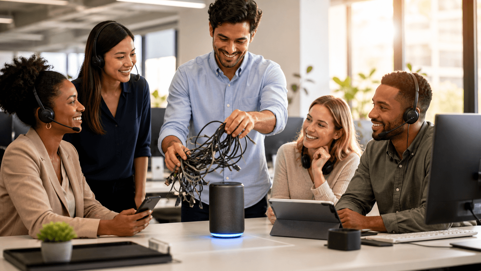 Glowing blue AI voice waveform flows through interconnected chat, phone, and email icons on a dark background.