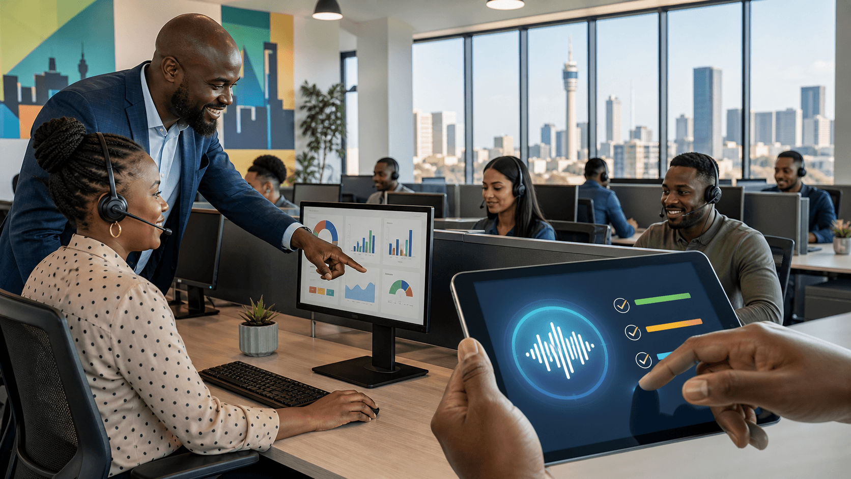 Futuristic call center with headset operators at glowing blue monitors, AI circuit overlay, warm orange backlight.