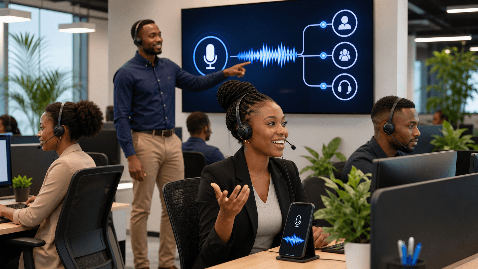 Woman with headset at desk, neon digital waveform and circuit icons over a blue-purple call centre backdrop.