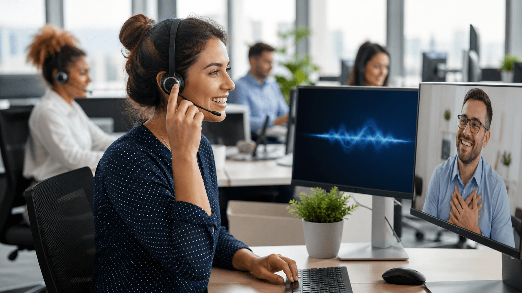 Glowing blue AI interface beside a headset-wearing agent in a dark call center with amber accent lights.