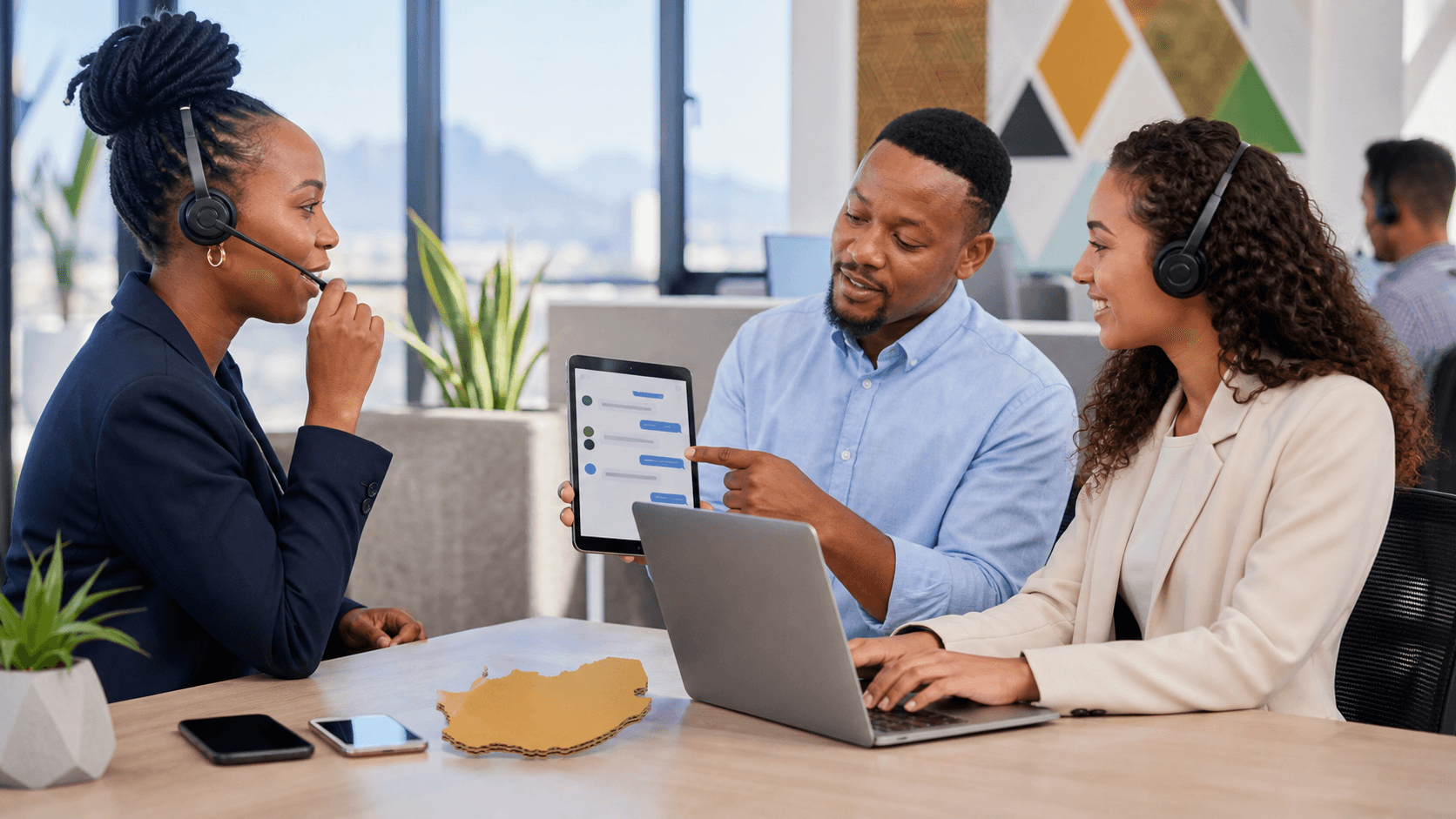 South Africa map silhouette with colorful voice, email, and chat icons on a clean white background.